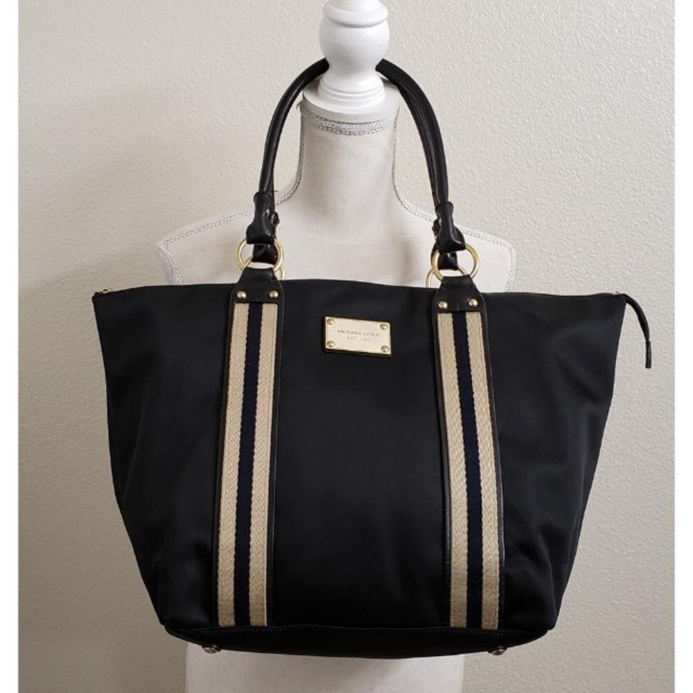 Michael Kors black striped fabric tote bag